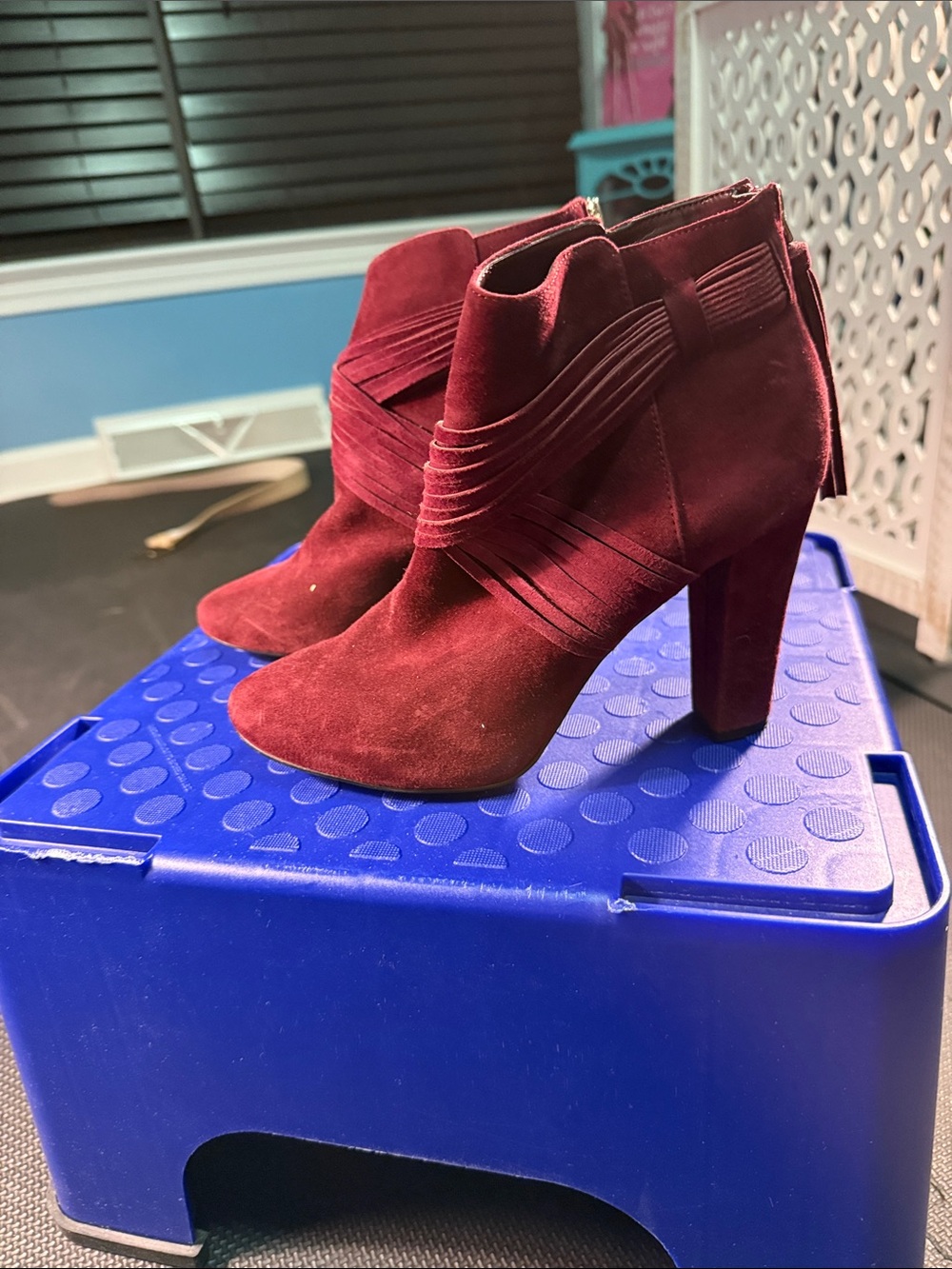 White House Black Market Burgundy Suede Heeled Ankle Boots